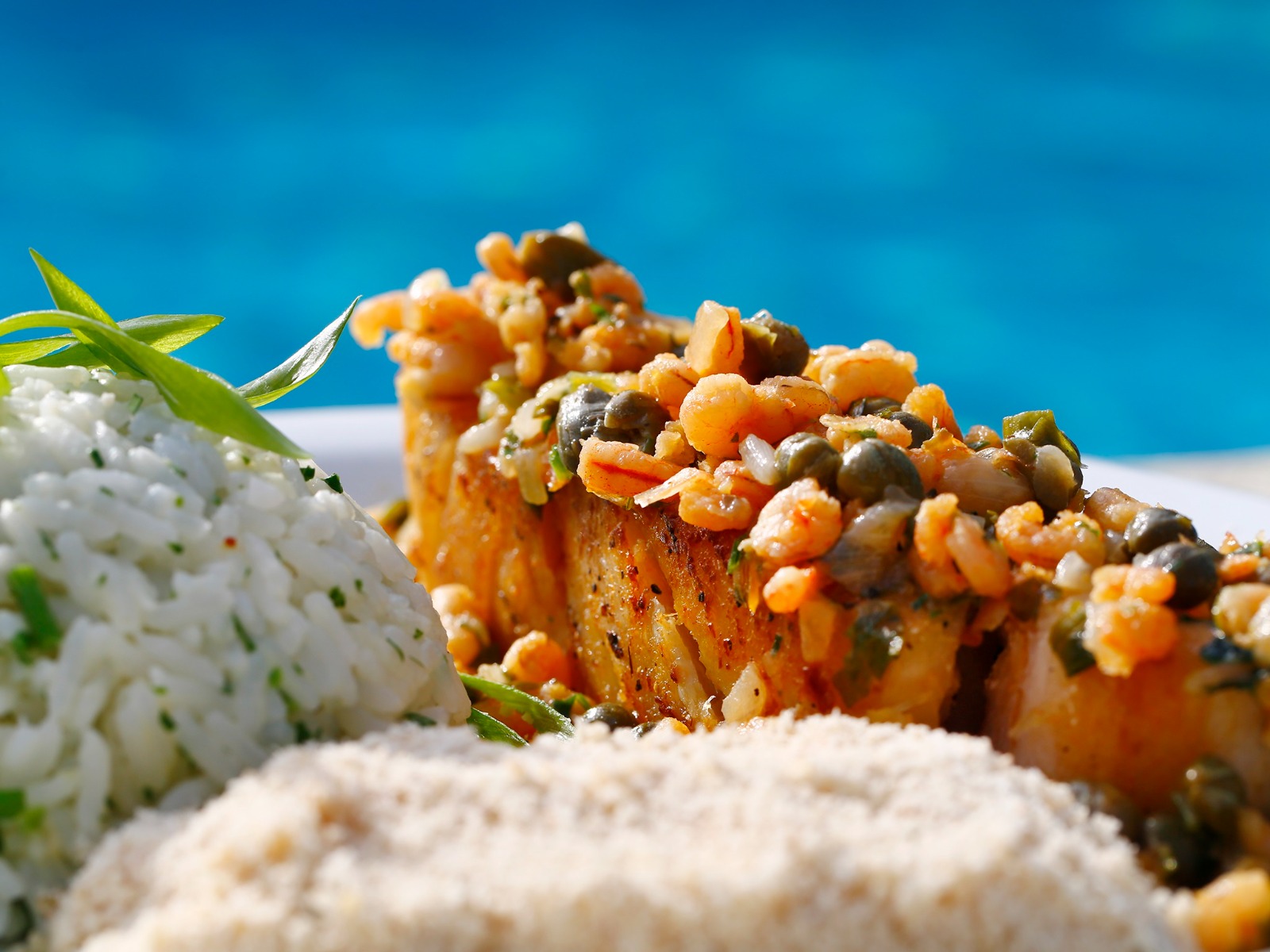 Prato de peixe com camarão e arroz servido à beira da piscina